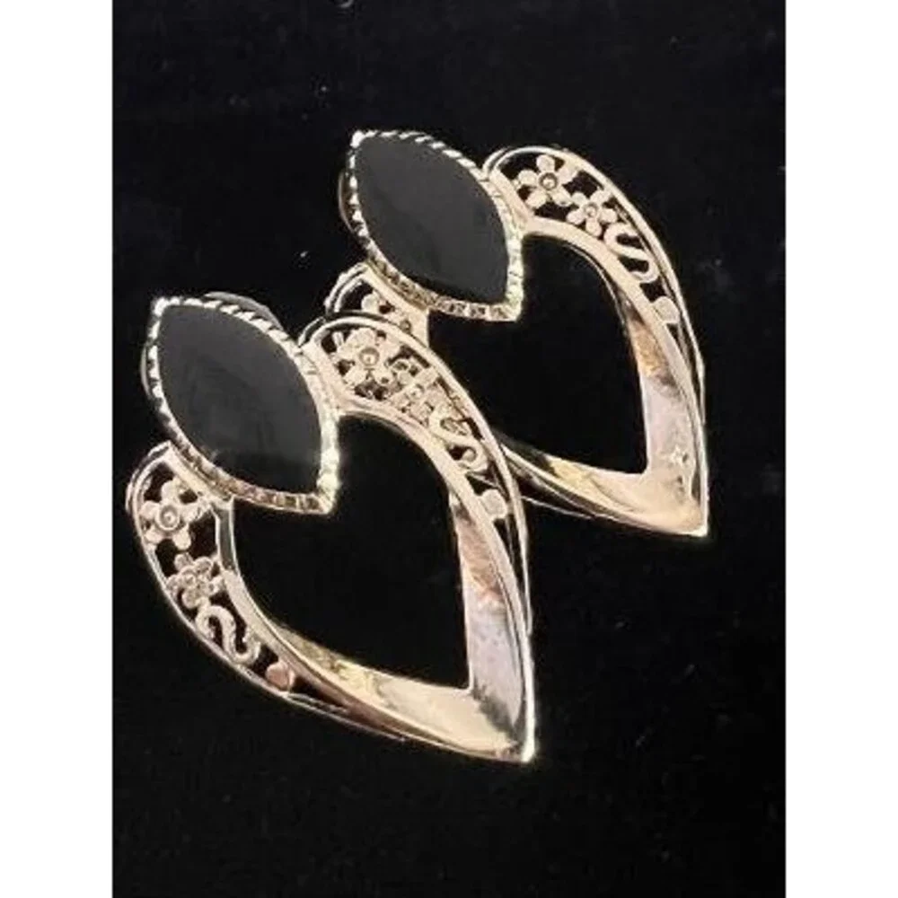 Vintage Goldtone with Black Enamel Filigree Style Heart Design Earrings